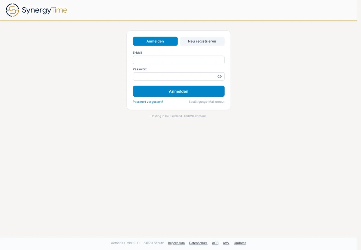 Anmeldeseite von Synergy Time mit E-Mail, Passwort und den Links Passwort vergessen und Bestätigungs-Mail erneut