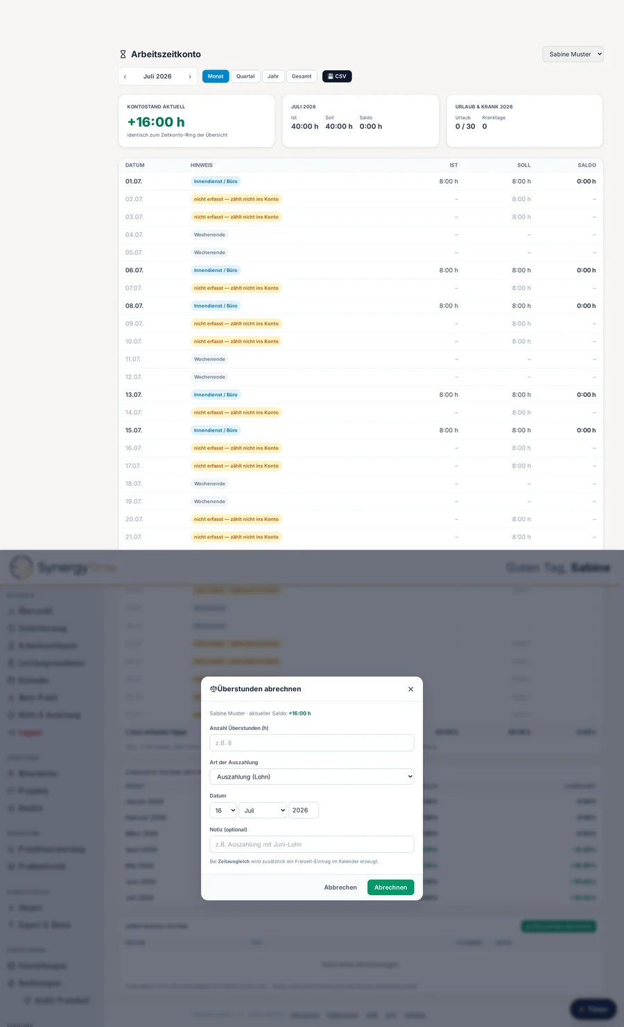 Dialog Überstunden abrechnen mit Stundenzahl, Auszahlung oder Zeitausgleich, Datum und Notiz