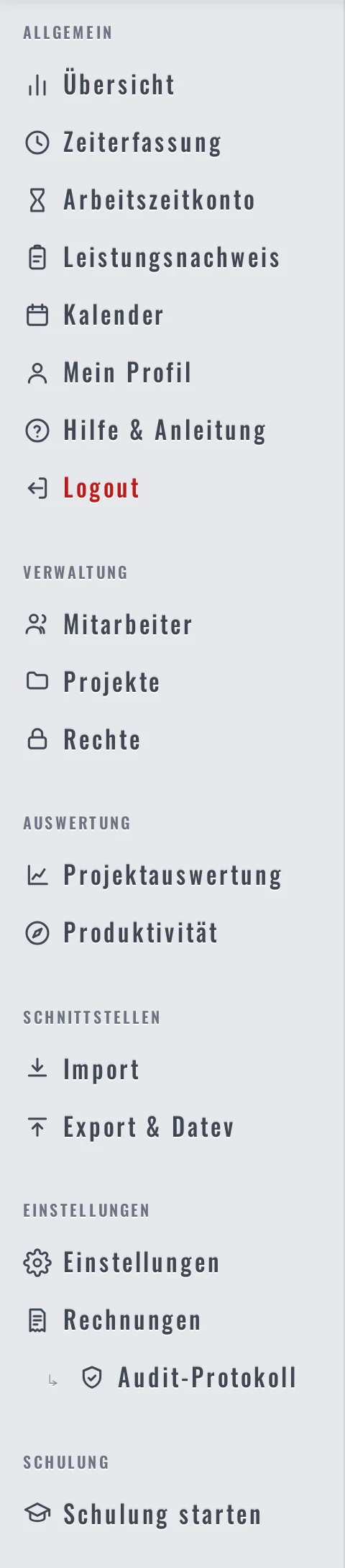 Linke Navigationsleiste mit Administratorrechten: Allgemein, Verwaltung, Auswertung, Schnittstellen, Einstellungen, Schulung