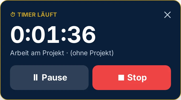 Laufender Live-Timer mit Stoppuhr, Pause-Schalter und Stop-Schalter
